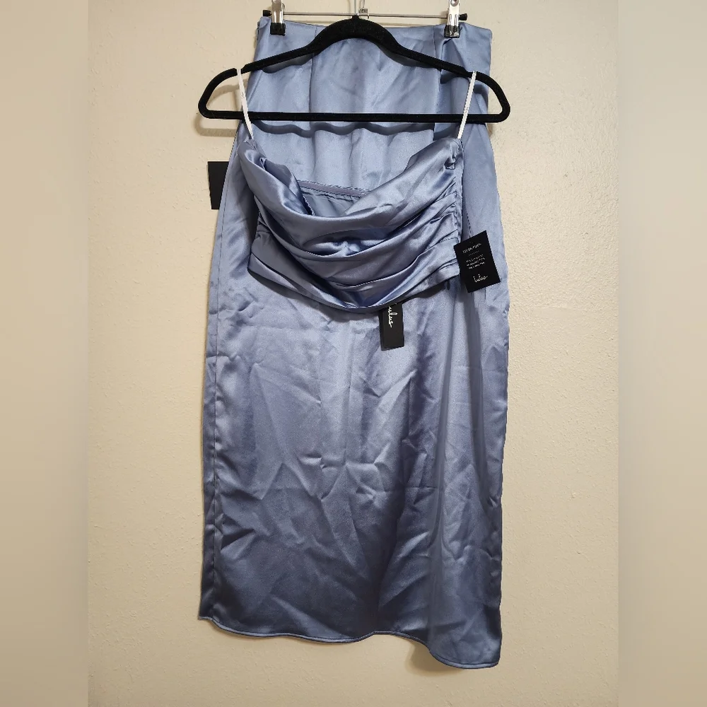 Lulus Demure Sweetie Slate Blue Satin Strapless Two-Piece Midi Dress M Wedding - Picture 5 of 10